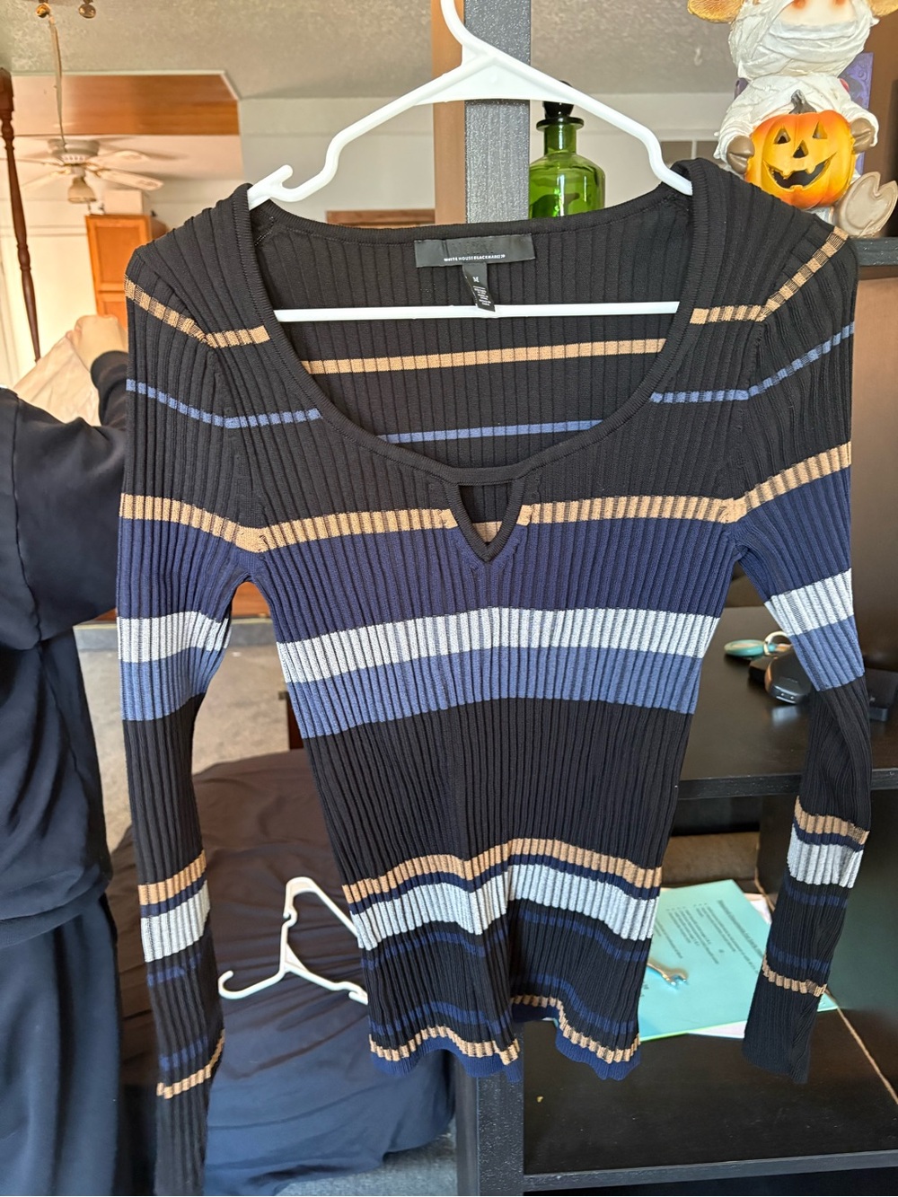 White House Black Market Striped Ribbed Long-Sleeve Top - Black, Navy & Cream